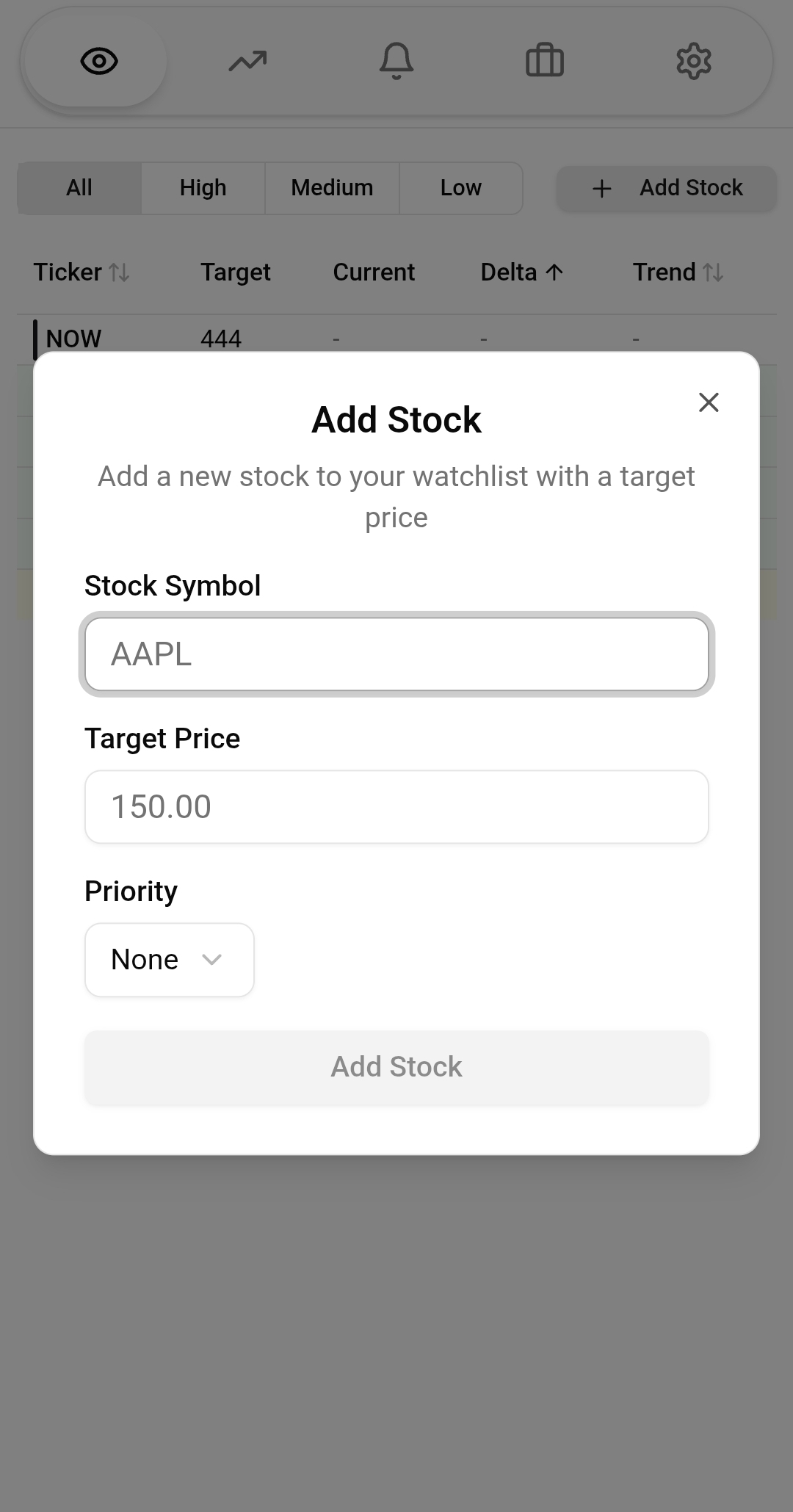 Add Stock - Quick entry with target prices.